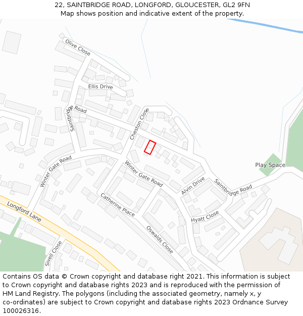 22, SAINTBRIDGE ROAD, LONGFORD, GLOUCESTER, GL2 9FN: Location map and indicative extent of plot