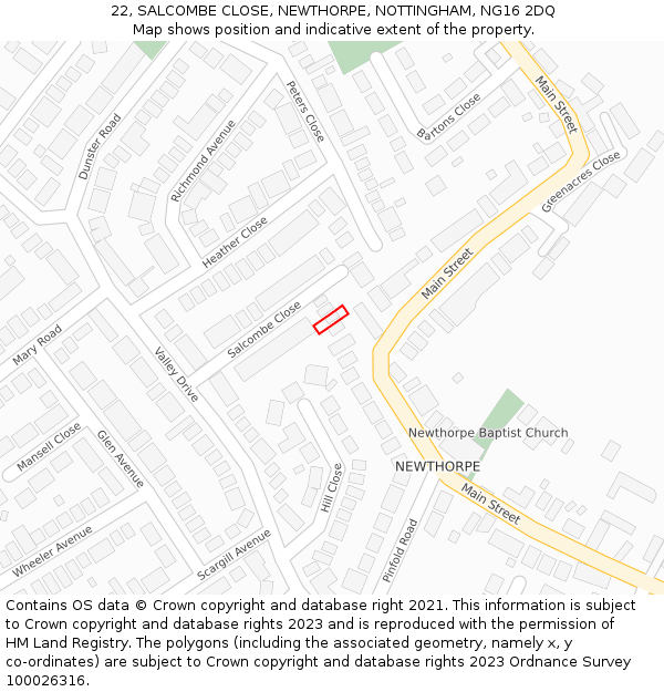 22, SALCOMBE CLOSE, NEWTHORPE, NOTTINGHAM, NG16 2DQ: Location map and indicative extent of plot