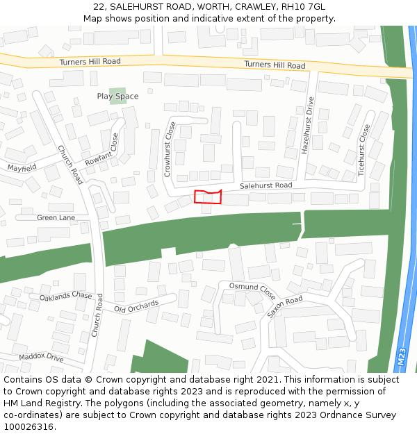 22, SALEHURST ROAD, WORTH, CRAWLEY, RH10 7GL: Location map and indicative extent of plot