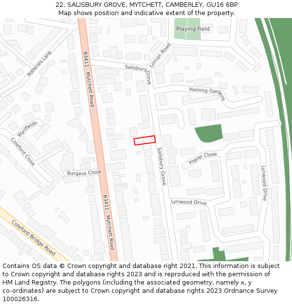 22, SALISBURY GROVE, MYTCHETT, CAMBERLEY, GU16 6BP: Location map and indicative extent of plot