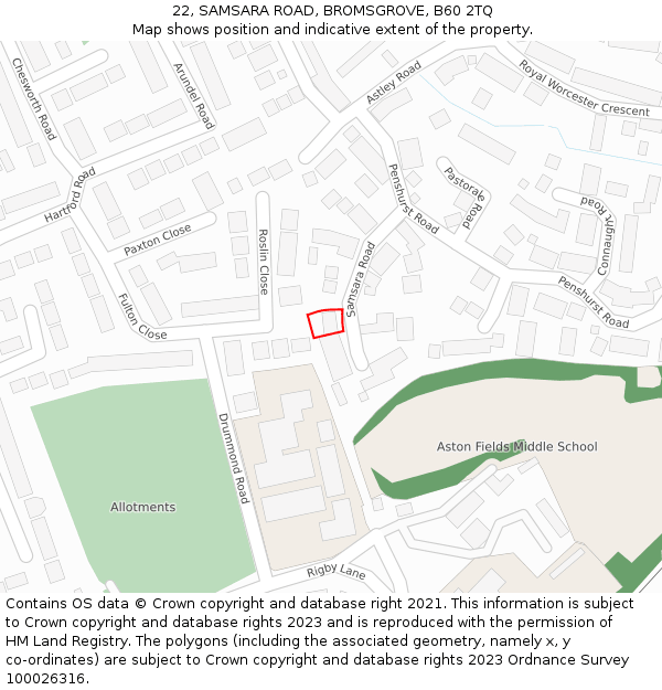 22, SAMSARA ROAD, BROMSGROVE, B60 2TQ: Location map and indicative extent of plot