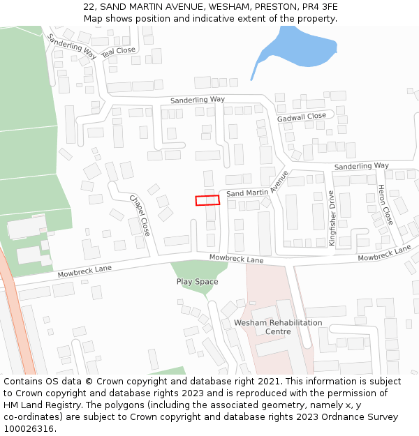 22, SAND MARTIN AVENUE, WESHAM, PRESTON, PR4 3FE: Location map and indicative extent of plot