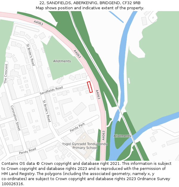 22, SANDFIELDS, ABERKENFIG, BRIDGEND, CF32 9RB: Location map and indicative extent of plot