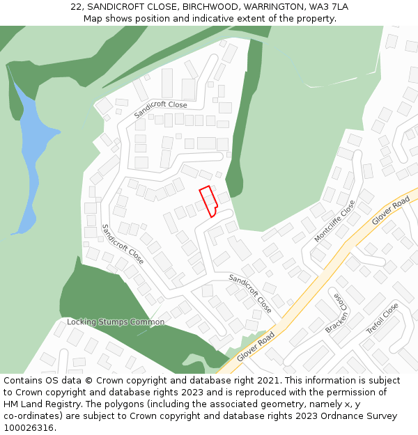 22, SANDICROFT CLOSE, BIRCHWOOD, WARRINGTON, WA3 7LA: Location map and indicative extent of plot