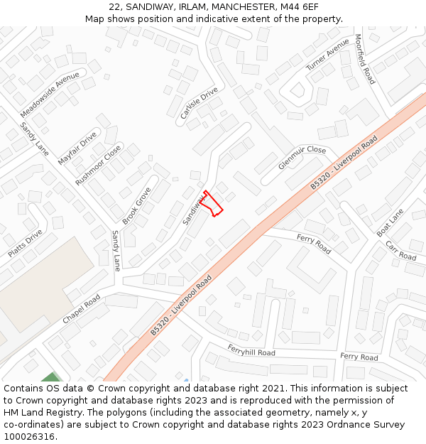 22, SANDIWAY, IRLAM, MANCHESTER, M44 6EF: Location map and indicative extent of plot