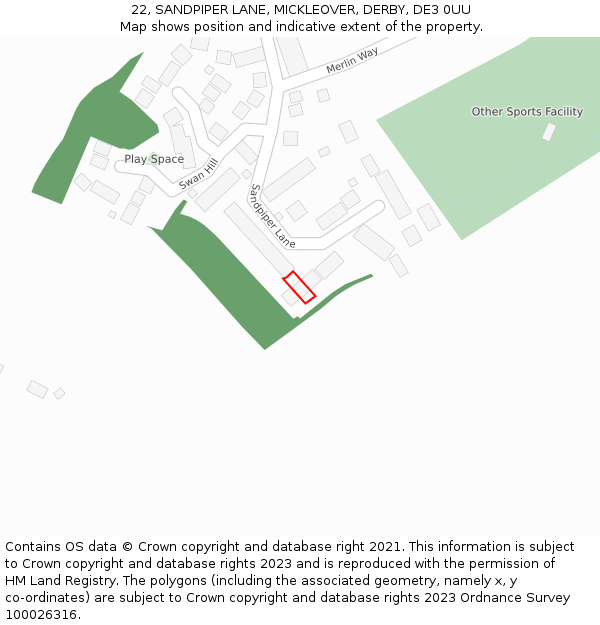 22, SANDPIPER LANE, MICKLEOVER, DERBY, DE3 0UU: Location map and indicative extent of plot