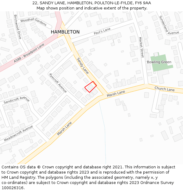 22, SANDY LANE, HAMBLETON, POULTON-LE-FYLDE, FY6 9AA: Location map and indicative extent of plot