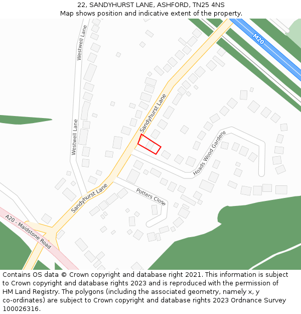 22, SANDYHURST LANE, ASHFORD, TN25 4NS: Location map and indicative extent of plot