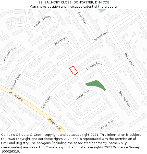 22, SAUNDBY CLOSE, DONCASTER, DN4 7DE: Location map and indicative extent of plot