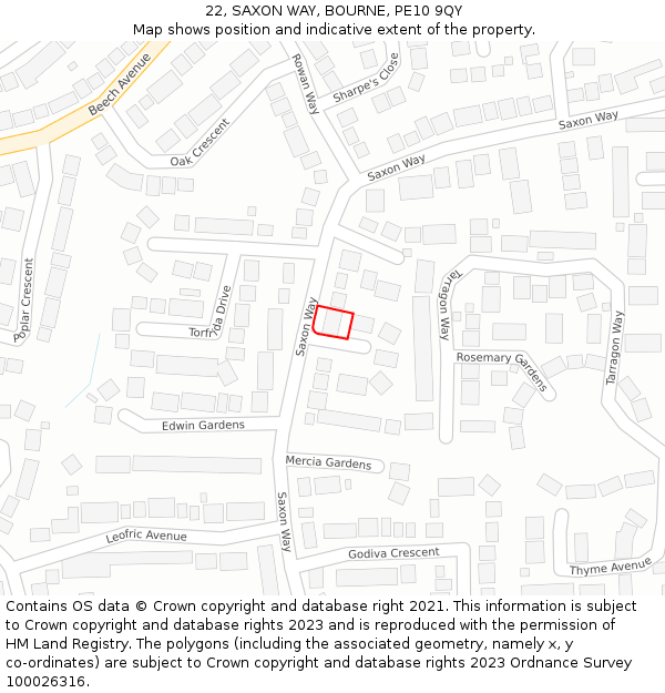 22, SAXON WAY, BOURNE, PE10 9QY: Location map and indicative extent of plot