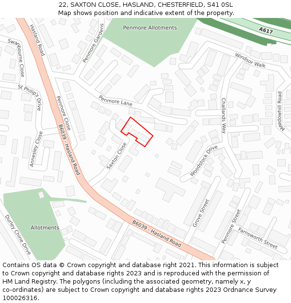 22, SAXTON CLOSE, HASLAND, CHESTERFIELD, S41 0SL: Location map and indicative extent of plot