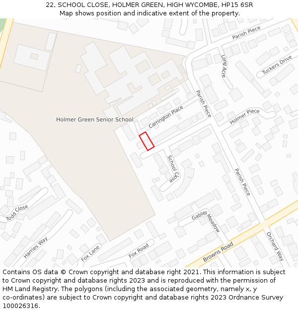 22, SCHOOL CLOSE, HOLMER GREEN, HIGH WYCOMBE, HP15 6SR: Location map and indicative extent of plot