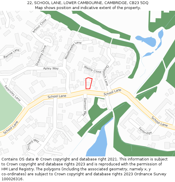 22, SCHOOL LANE, LOWER CAMBOURNE, CAMBRIDGE, CB23 5DQ: Location map and indicative extent of plot