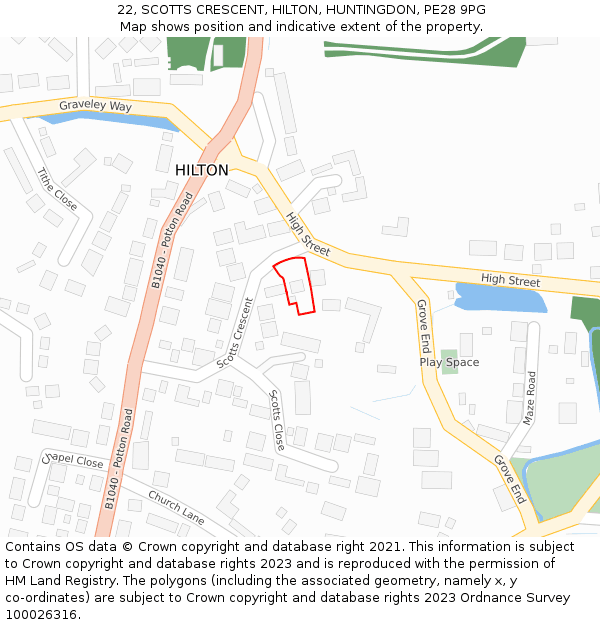 22, SCOTTS CRESCENT, HILTON, HUNTINGDON, PE28 9PG: Location map and indicative extent of plot