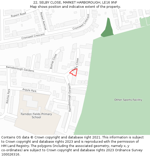 22, SELBY CLOSE, MARKET HARBOROUGH, LE16 9NF: Location map and indicative extent of plot