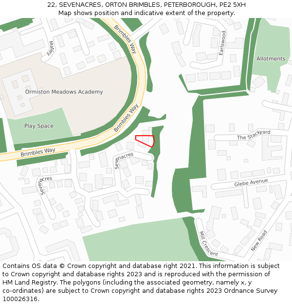 22, SEVENACRES, ORTON BRIMBLES, PETERBOROUGH, PE2 5XH: Location map and indicative extent of plot