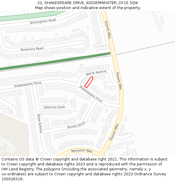 22, SHAKESPEARE DRIVE, KIDDERMINSTER, DY10 3QW: Location map and indicative extent of plot