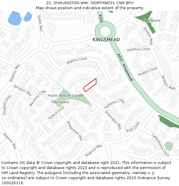 22, SHAVINGTON WAY, NORTHWICH, CW9 8FH: Location map and indicative extent of plot