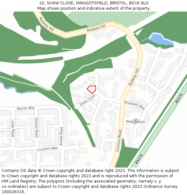 22, SHAW CLOSE, MANGOTSFIELD, BRISTOL, BS16 9LD: Location map and indicative extent of plot