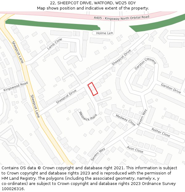 22, SHEEPCOT DRIVE, WATFORD, WD25 0DY: Location map and indicative extent of plot
