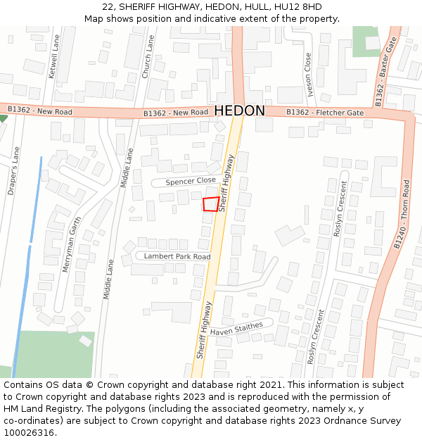 22, SHERIFF HIGHWAY, HEDON, HULL, HU12 8HD: Location map and indicative extent of plot