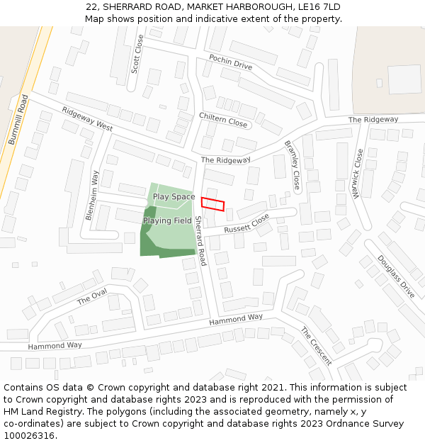 22, SHERRARD ROAD, MARKET HARBOROUGH, LE16 7LD: Location map and indicative extent of plot