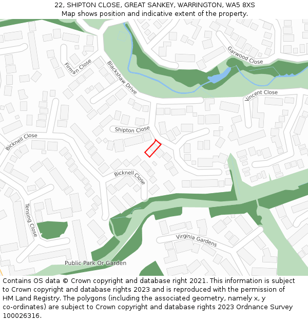22, SHIPTON CLOSE, GREAT SANKEY, WARRINGTON, WA5 8XS: Location map and indicative extent of plot