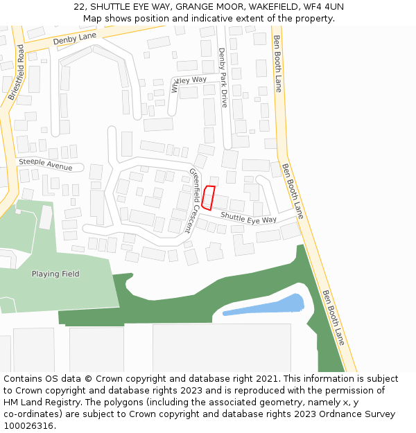 22, SHUTTLE EYE WAY, GRANGE MOOR, WAKEFIELD, WF4 4UN: Location map and indicative extent of plot