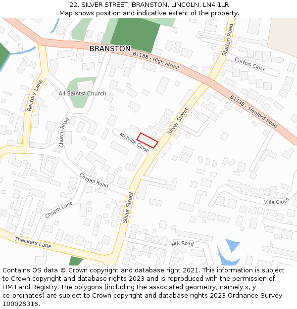 22, SILVER STREET, BRANSTON, LINCOLN, LN4 1LR: Location map and indicative extent of plot