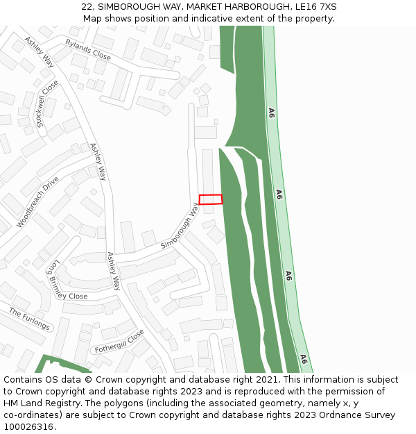 22, SIMBOROUGH WAY, MARKET HARBOROUGH, LE16 7XS: Location map and indicative extent of plot