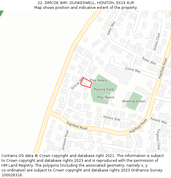 22, SIMCOE WAY, DUNKESWELL, HONITON, EX14 4UR: Location map and indicative extent of plot