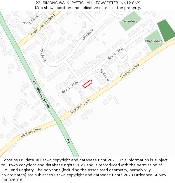 22, SIMONS WALK, PATTISHALL, TOWCESTER, NN12 8NX: Location map and indicative extent of plot