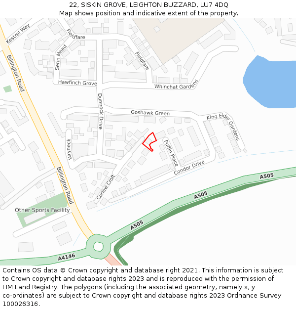 22, SISKIN GROVE, LEIGHTON BUZZARD, LU7 4DQ: Location map and indicative extent of plot
