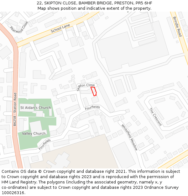 22, SKIPTON CLOSE, BAMBER BRIDGE, PRESTON, PR5 6HF: Location map and indicative extent of plot