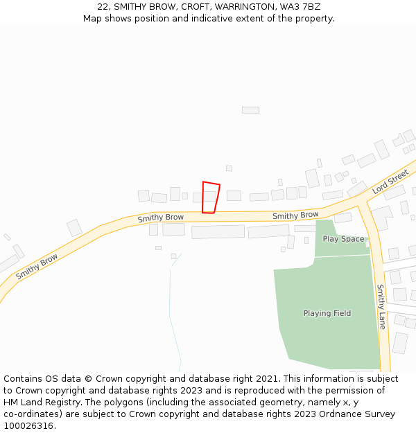 22, SMITHY BROW, CROFT, WARRINGTON, WA3 7BZ: Location map and indicative extent of plot