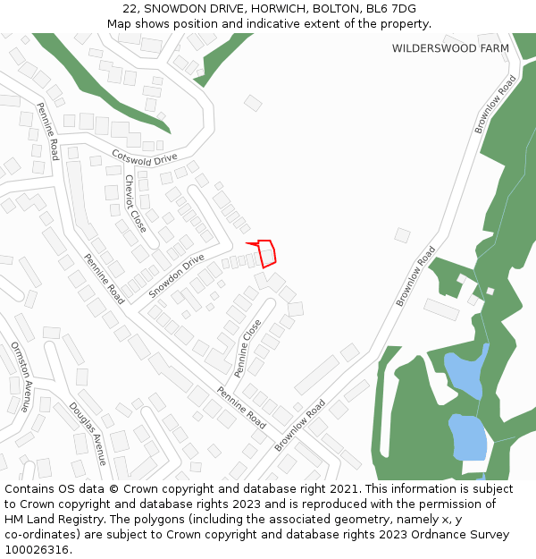 22, SNOWDON DRIVE, HORWICH, BOLTON, BL6 7DG: Location map and indicative extent of plot