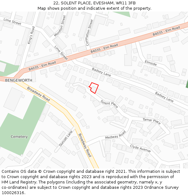 22, SOLENT PLACE, EVESHAM, WR11 3FB: Location map and indicative extent of plot