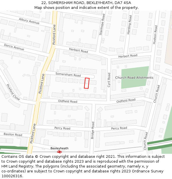 22, SOMERSHAM ROAD, BEXLEYHEATH, DA7 4SA: Location map and indicative extent of plot