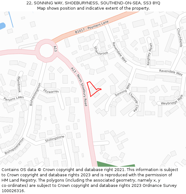 22, SONNING WAY, SHOEBURYNESS, SOUTHEND-ON-SEA, SS3 8YQ: Location map and indicative extent of plot