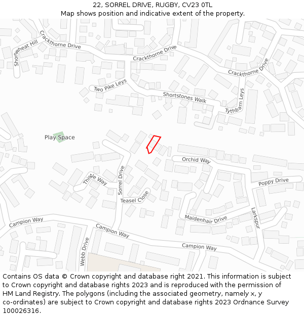 22, SORREL DRIVE, RUGBY, CV23 0TL: Location map and indicative extent of plot