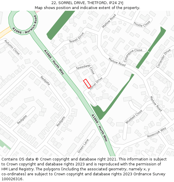 22, SORREL DRIVE, THETFORD, IP24 2YJ: Location map and indicative extent of plot