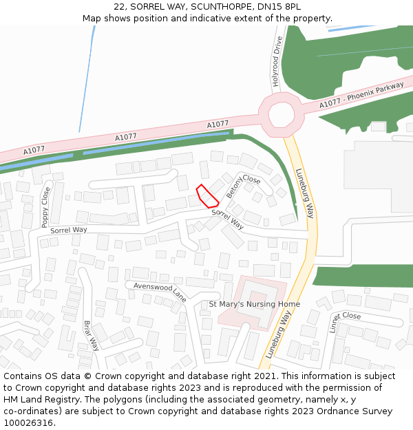 22, SORREL WAY, SCUNTHORPE, DN15 8PL: Location map and indicative extent of plot
