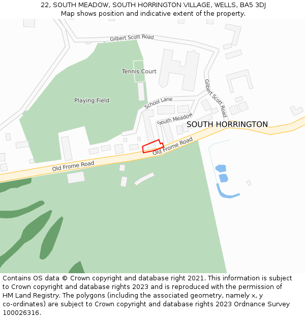 22, SOUTH MEADOW, SOUTH HORRINGTON VILLAGE, WELLS, BA5 3DJ: Location map and indicative extent of plot