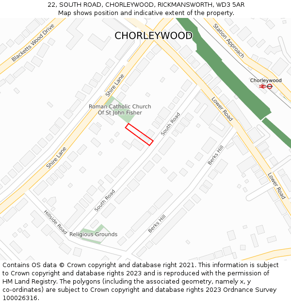 22, SOUTH ROAD, CHORLEYWOOD, RICKMANSWORTH, WD3 5AR: Location map and indicative extent of plot