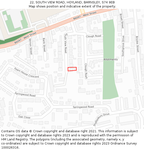 22, SOUTH VIEW ROAD, HOYLAND, BARNSLEY, S74 9EB: Location map and indicative extent of plot