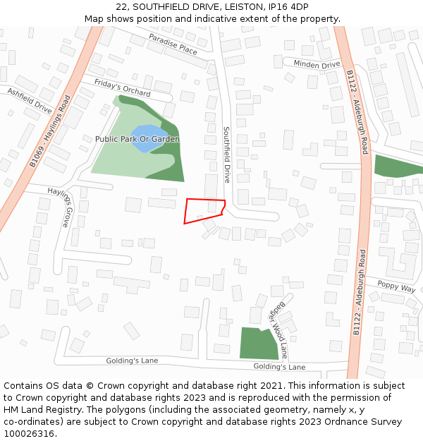 22, SOUTHFIELD DRIVE, LEISTON, IP16 4DP: Location map and indicative extent of plot