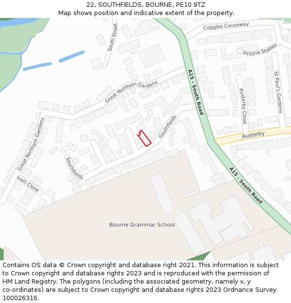 22, SOUTHFIELDS, BOURNE, PE10 9TZ: Location map and indicative extent of plot