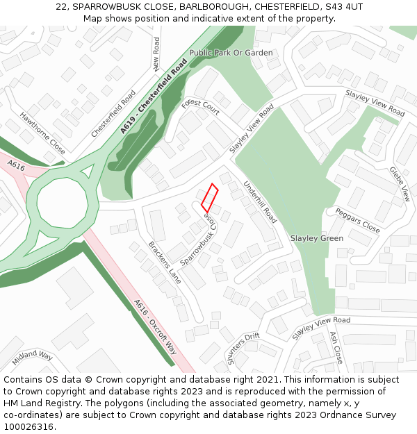 22, SPARROWBUSK CLOSE, BARLBOROUGH, CHESTERFIELD, S43 4UT: Location map and indicative extent of plot