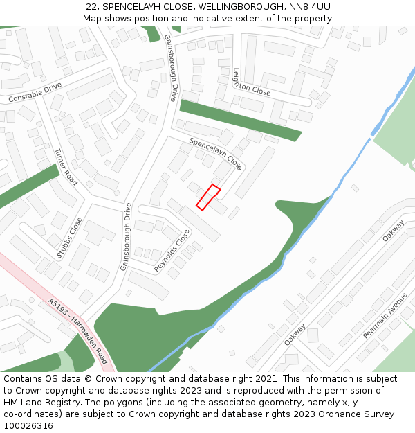 22, SPENCELAYH CLOSE, WELLINGBOROUGH, NN8 4UU: Location map and indicative extent of plot