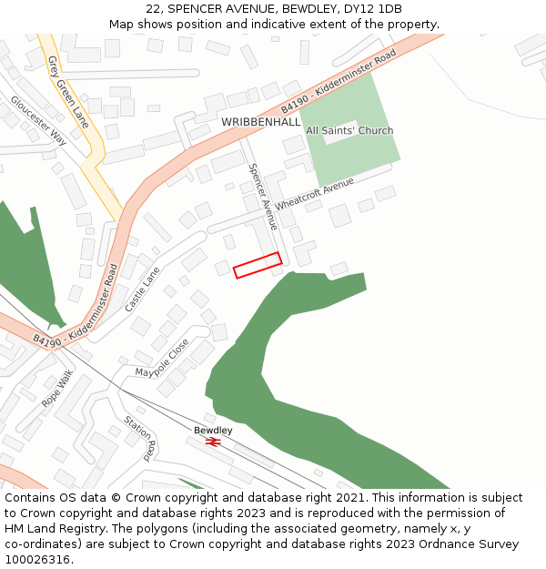 22, SPENCER AVENUE, BEWDLEY, DY12 1DB: Location map and indicative extent of plot